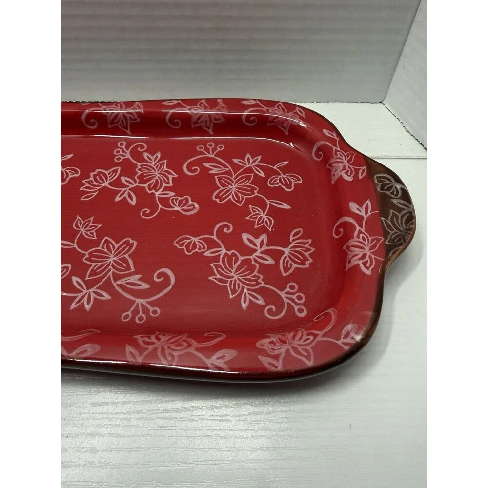 Temp-tation By Tara Presentable Ovenware Serving Plate Red Floral Lace